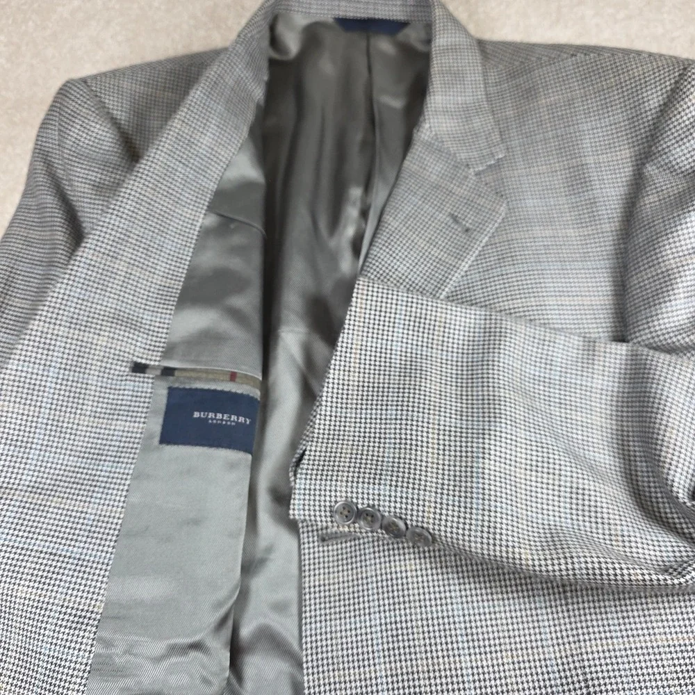 Burberry London Blazer Mens 44L Grey Silk Wool Houndstooth Kensington Sport Coat